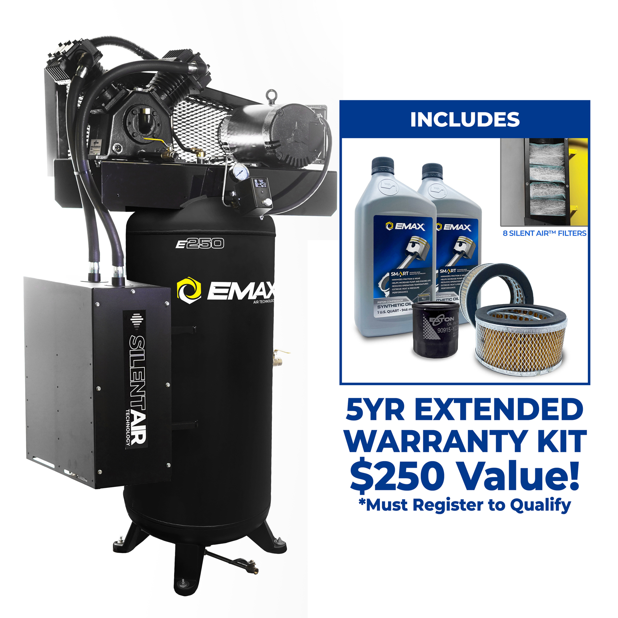 EMAX Silent Air 5 HP 60-Gal Air Compressor – 19 CFM, Single-Stage, 2-Cylinder, Splash Lube,Includes Maintenance Kit